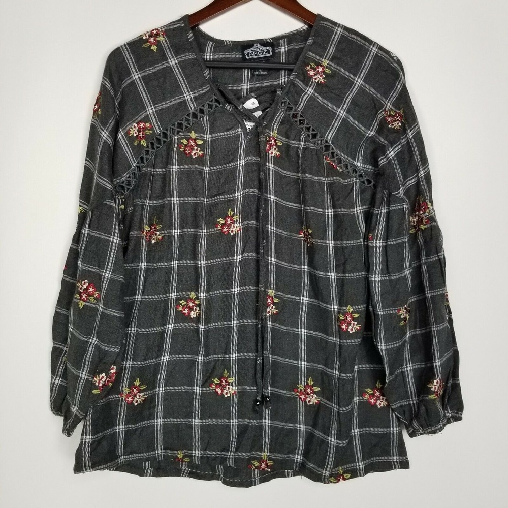 Angie Size S Grey Window Pane Plaid Floral Embroidered Balloon Sleeve Top Cutout